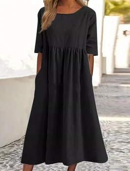 2023 Новое повседневное платье большого размера с круглым вырезом и коротким рукавом, женское летнее Свободное Длинное льняное платье из чистого хлопка
