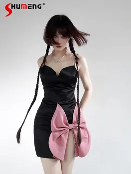 Оригинальное милое женское платье-комбинация с розовым бантом в стиле Лолиты, короткое черное платье-комбинация с розовым бантом, летнее платье на день рождения для горячей девушки, платье на подтяжках и плюшевое черное пальто