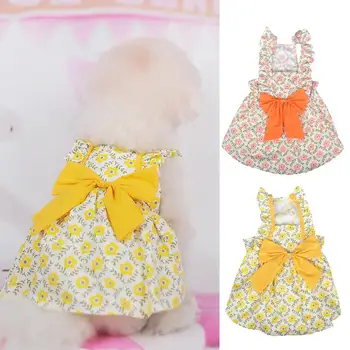 Платье для домашних животных, платье для собак и кошек, мягкая ткань, дизайн с большим бантом, Весенне-летний цветочный принт, одежда для Тедди