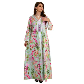 Платье Abaya 2023 Весна-лето мусульманские женщины С длинным рукавом и V-образным вырезом, длинное мусульманское модное платье Abaya с принтом из полиэстера