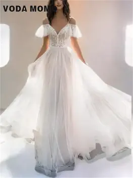 Свадебное платье с кружевными аппликациями и V-образным вырезом, блестящий тюль, расшитый блестками, шлейф, свадебное платье принцессы на бретельках А-силуэта с открытыми плечами