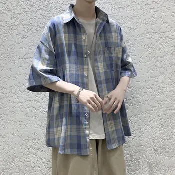 Модная рубашка с коротким рукавом, мужское повседневное пальто в японскую клетку, весна-осень, свободная однобортная футболка с отложным воротником