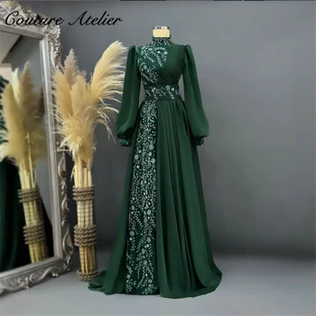 Мусульманские элегантные вечерние платья с длинным рукавом зеленого цвета с высоким воротом, роскошные вечерние платья трапециевидной формы с аппликацией в виде щепок
