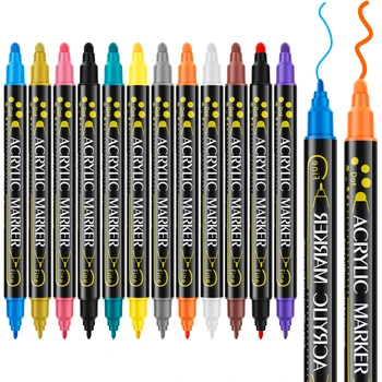 12шт Акриловый маркер для краски 12 цветов Акриловая ручка с двойным наконечником, водонепроницаемая быстросохнущая ручка для разметки, инструмент для поделок из бумаги и пластика