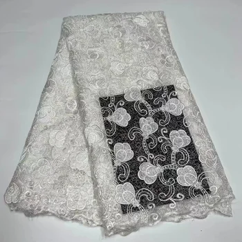 Белый тюль с африканской вышивкой 2022, кружевная ткань с пайетками, высококачественная французская сетчатая кружевная ткань 5 ярдов для свадебного платья