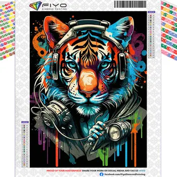 FIYO 5D Алмазная живопись Красочный Тигр с наушниками Полная Мозаичная Вышивка животных Подарок ручной работы Домашний Декор Настенное искусство