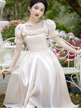 Элегантные французские платья-феи, женская мода, сладкий цветок, квадратный воротник, винтажное платье принцессы с пышными рукавами, повседневное праздничное платье