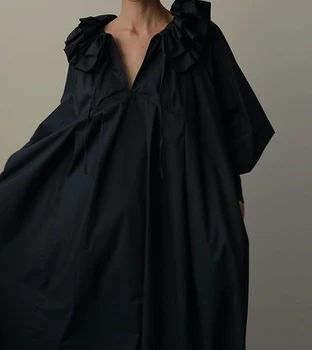 2023 Элегантные Однотонные Повседневные платья с длинным рукавом, свободным V-образным вырезом, плиссированные, Бандажный Халат, Женское Японское платье
