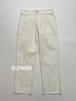 Женские Белые ПАРУСИНОВЫЕ укороченные брюки с потертым подолом и множеством карманов Модные брюки 2022