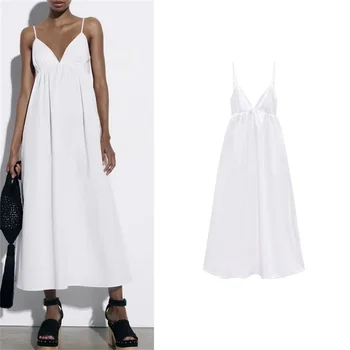 Женское модное белое платье на бретельках, летнее платье трапециевидной формы с глубоким V-образным вырезом, длиной до щиколоток, миди-платье с открытой спиной, Vestido