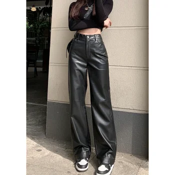 2023 Черные винтажные Прямые женские кожаные брюки с высокой талией, американские модные уличные брюки 2023 Повседневные широкие брюки