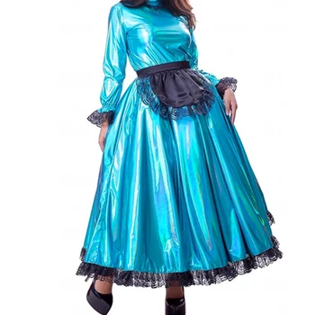 Женское длинное платье с пышными рукавами и металлическими плиссированными платьями Сисси с кружевным фартуком Модный костюм для косплея Плюс Размер 7XL