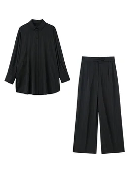 Пижамный стиль, винтажные черные полосатые атласные брюки, комплекты с рубашкой оверсайз и широкими брюками, повседневные комплекты из 2 предметов, женская одежда