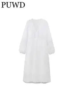 PUWD Женское модное однотонное платье Миди из льняной ткани 2023, летнее платье с V-образным вырезом, винтажные женские белые свободные штаны с длинным рукавом, Mujer