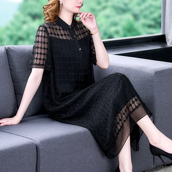 Черное шелковое платье большого размера с короткими рукавами, новинка весны и лета 2022, шелковое платье с вышивкой в стиле Блокбастер Ханчжоу
