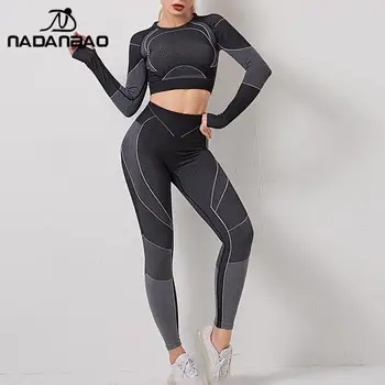 NADANBAO Бесшовный спортивный комплект из 2 предметов, укороченный топ, открытая футболка с длинными рукавами, женские костюмы для фитнеса, леггинсы с высокой талией, спортивный костюм