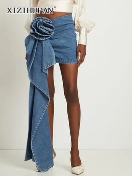 XIZIHUPAN Нерегулярная джинсовая облегающая юбка для женщин с присборенной талией, аппликации в стиле пэчворк, Синие мини-юбки, женская одежда, Новинка Лета