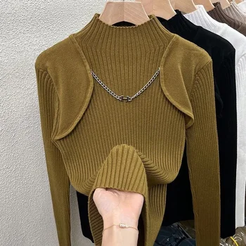 Осень-зима, женский вязаный свитер с полувысоким воротником, джемпер на цепочке, базовая рубашка, эластичный пуловер с длинным рукавом, свитер, тонкие топы
