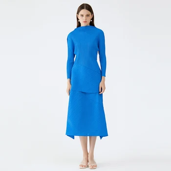 Синие комплекты из двух частей в складку Miyake, новинка весны 2022, Нерегулярная плиссированная юбка, свободное длинное верхнее платье, элегантная дизайнерская одежда