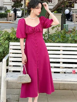 Bella 2022, новое винтажное платье Миди для вечерней вечеринки, женское однотонное Корейское модное Элегантное платье с разрезом, Летнее повседневное женское платье Хепберн