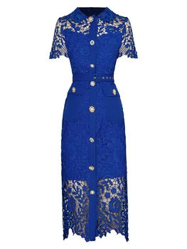 Летнее Высококачественное Новое Женское Модное Кружевное платье с поясом, Тонкое открытое Сексуальное синее платье-карандаш для вечеринки на рабочем месте, для подиума, для знаменитостей