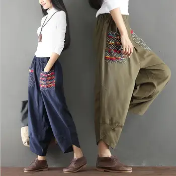 Винтажные брюки Женские шаровары с этническим принтом, эластичный пояс, широкие брюки, мешковатые Свободные хлопчатобумажные льняные брюки