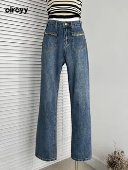 Круглые мешковатые джинсы, женские прямые широкие брюки с высокой талией, винтажные модные дизайнерские брюки с карманами, Уличная одежда, офисные дамы