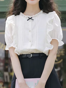 Женская рубашка-топ с коротким пышным рукавом, темпераментная блузка, Новая мода свободного кроя, лето 2023 г.