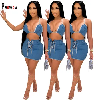 Prowow Сексуальный женский комплект джинсовой одежды с открытой спиной, на бретелях, на шнуровке, укороченные топы, юбки, Костюмы из двух частей, Летняя синяя клубная одежда для вечеринок