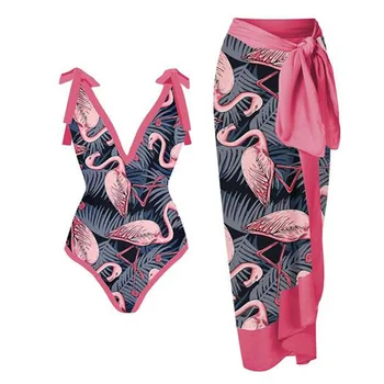 Новая сексуальная солнцезащитная пляжная юбка с принтом фламинго и открытой спиной, цельный женский купальник из двух частей