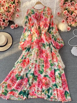 2023, Весенне-летнее платье для отдыха, Женское Элегантное платье-летучая мышь с Розовым принтом, Богемное Женское Шифоновое Длинное платье Макси