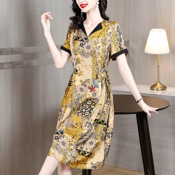 Летнее шелковое платье в стиле ретро с коротким рукавом и принтом 2023 года, Желтое платье средней длины, женское темпераментное платье Ципао длиной выше колена