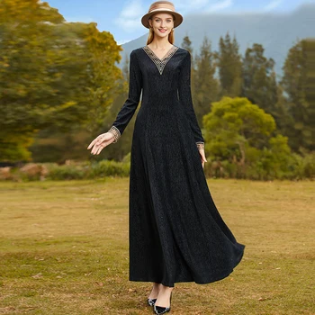 Весеннее бархатное длинное платье для взрослых, черное платье в стиле пэчворк с V-образным вырезом, плиссированное платье с длинным рукавом, Мусульманский халат, Женская праздничная молитва