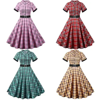 Повседневное платье в стиле Хепберн Circle 1950-х/60-х годов с коротким рукавом, приталенное платье в клетку в стиле ретро