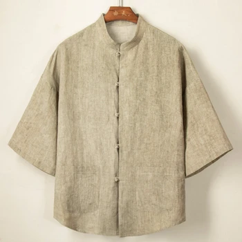 Новая мужская хлопчатобумажная льняная рубашка в китайском стиле, куртка Tang, куртка с коротким рукавом, однотонный топ, Традиционное кунг-фу, Большой размер 4XL