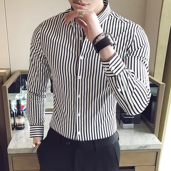 Осенняя новая Корейская модная повседневная рубашка на пуговицах, мужские Дизайнерские брендовые облегающие Мужские рубашки в полоску с длинным рукавом
