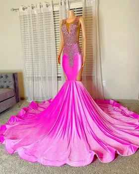 Африканская Черная девушка, Длинные платья русалки для выпускного вечера 2023, Роскошные бусы, кристаллы, ярко-розовые вечерние платья с бриллиантами