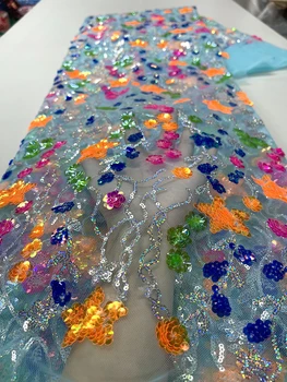 5 ярдов Африканской сетчатой кружевной ткани с разноцветными пайетками 2023 г. Высококачественное Французское тюлевое кружево из Нигерии, материал для свадебных платьев