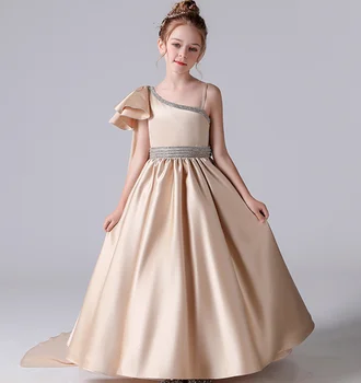 Платья для девочек в цветочек из атласа цвета шампанского с одним плечом, платья для участия в конкурсе мод, платья для причастия для девочек