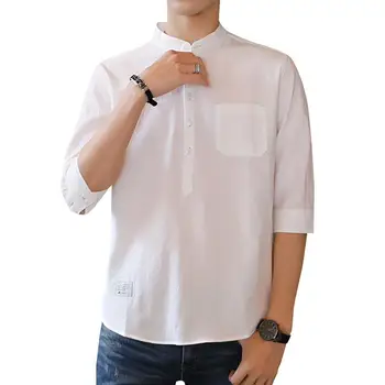 Мужская повседневная блузка со стоячим воротником, футболки, повседневная облегающая хлопковая льняная рубашка с рукавом три четверти, мужская верхняя футболка