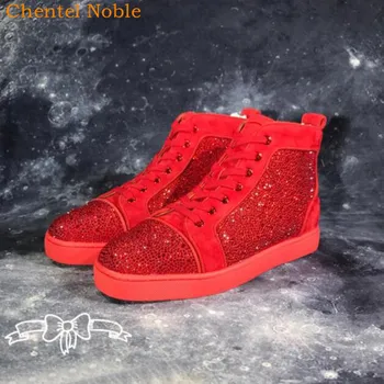 Бренд Chentel/ Повседневная обувь для вечеринок с высоким берцем Crystal, Мужские кроссовки на шнуровке, красный цвет, Флок, Классическая ручная мода, мужской унисекс