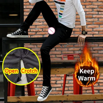 Горячие мужские Зимние джинсы с открытой промежностью, флисовые брюки-карандаш для секса на открытом воздухе без промежности, бархатные Корейские брюки для геев с потайной молнией и тепловой защитой