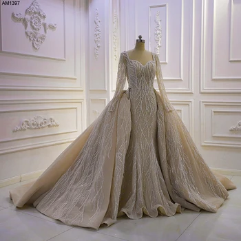 AM1397Royal с длинным рукавом, кружевное платье с блестками цвета шампанского 2 в 1, свадебное платье-русалка