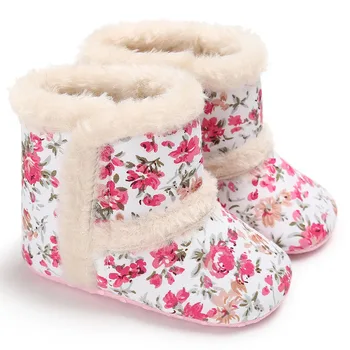 Ботинки с цветочным принтом для маленьких девочек, обувь для первых ходунков, зимние толстые теплые мягкие зимние ботинки для новорожденных, нескользящие плюшевые ботинки