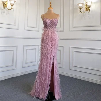 Элегантные вечерние платья Русалки с розовым кристаллом и бриллиантами 2023 года, разделенный сбоку ремешок в виде сердечка с перьями, платья для выпускного вечера для официальных мероприятий
