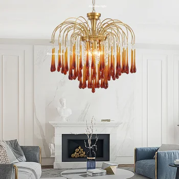 Светодиодная люстра в форме капли воды во французском ретро стиле для гостиной, янтарный светильник для спальни, роскошная романтическая высококачественная лампа для веранды