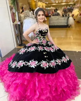 Черные платья Charro Quinceanera Бальное платье с оборками в виде сердца и аппликациями, пышные Мексиканские сладости, 16 платьев, 15 Anos