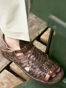 Корейский стиль, высококачественные мужские Новые Модные Винтажные сандалии ручной работы из натуральной кожи, повседневные сандалии с застежкой из воловьей кожи