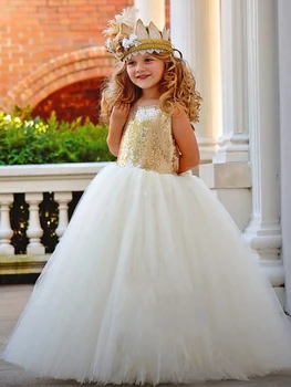 Платья для девочек-цветочниц, Белый пышный топ с золотыми блестками и бантом для вечеринки по случаю Дня рождения, торжественного представления, Первого причастия.