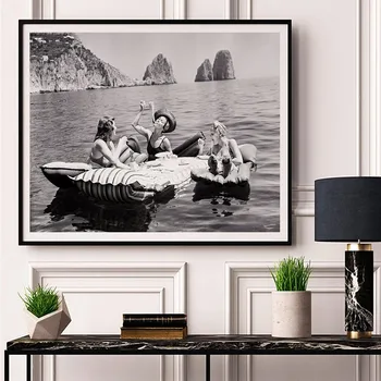 Винтажный плакат, печать на холсте, три женщины Едят спагетти на Капри, картина, ретро Черно-белая картинка для домашнего декора
